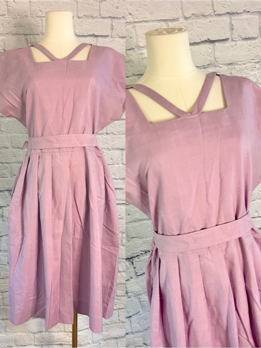 Vintage Lavender Dress w Belt Criss Cross Neckline Pleated Dapper Pinup Twee